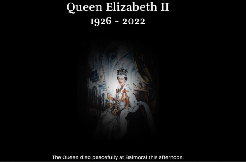 王室官方網站顯示黑底網頁，以及證實女王死訊的簡短聲明。   圖：翻攝英國王室網頁