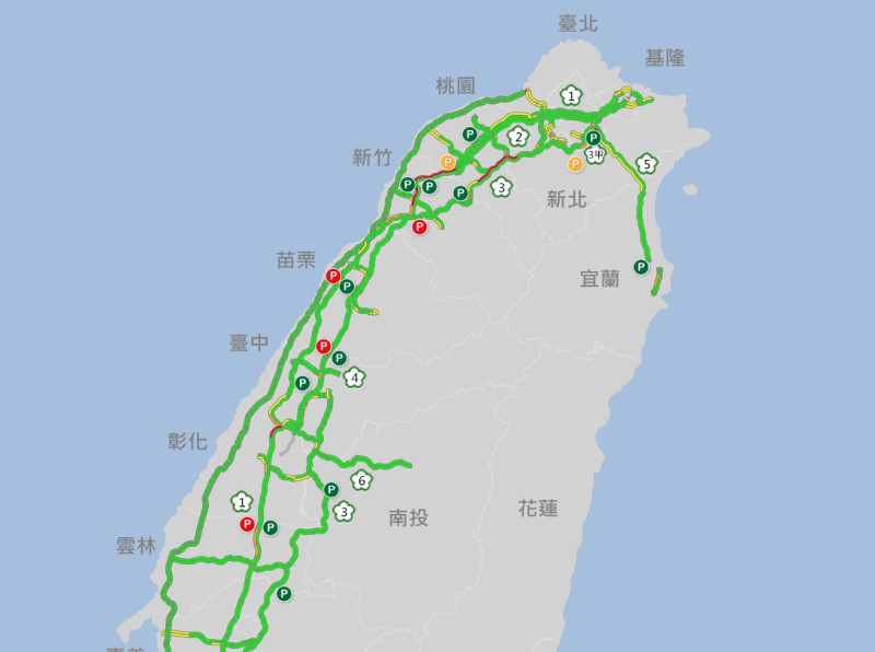 中秋節連假首日一早部份路段已出現壅塞。   圖：截取自https://1968.freeway.gov.tw/