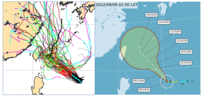 最新(8日20時)歐洲(ECMWF)系集模式顯示，「梅花」模擬路徑大致朝西北前進，在台灣東部海面滯留打轉後、再轉北，路徑非常分歧。   圖/「三立準氣象．老大洩天機」專欄