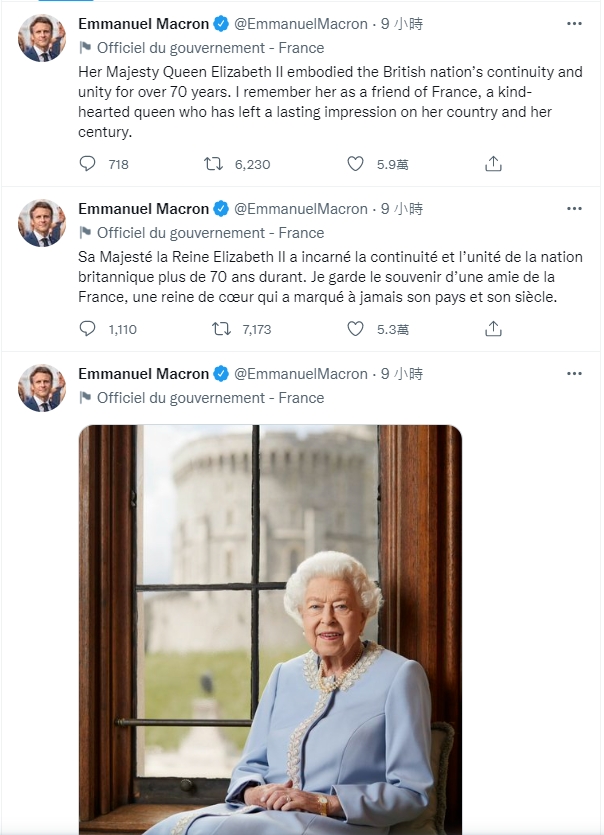 英國女王伊莉莎白二世在蘇格蘭巴爾勒莫爾莊園逝世，法國總統馬克宏連發三則推特致哀。   圖/截取自Emmanuel Macron @EmmanuelMacron推特