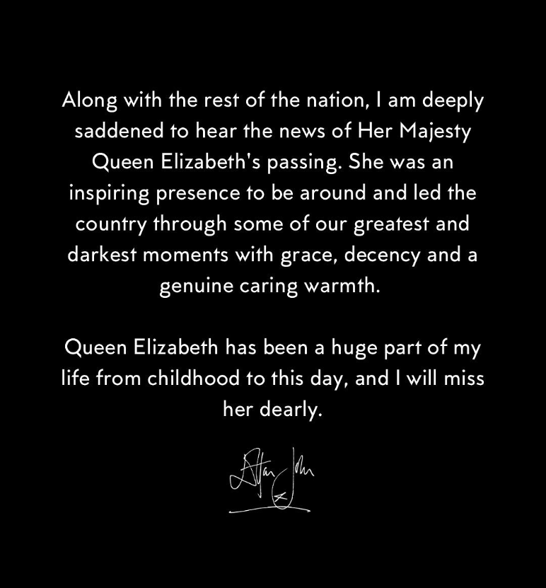 英國樂壇傳奇艾爾頓強在社交媒體上悼念英國女王。   圖：翻攝自艾爾頓強IG