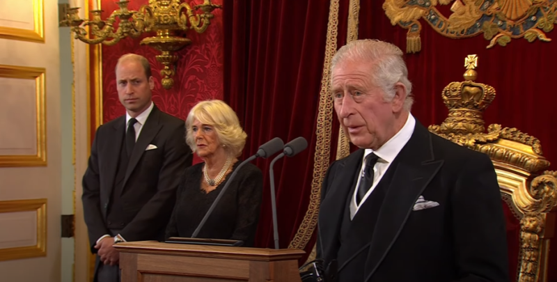 查爾斯三世在登基會議上發表聲明。王儲威廉王子和王后卡蜜拉也出席。   圖:翻攝自The Royal Family Youtube