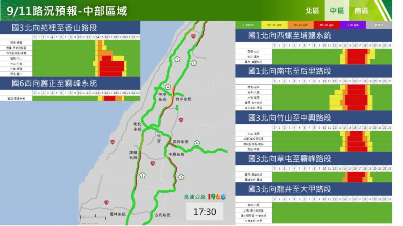 中區北向路況預報圖。   圖：高公局/提供