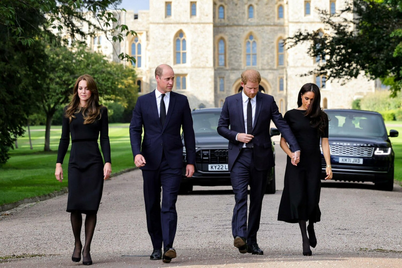 有傳聞稱女王臨終前更改了遺囑，將她價值高達新台幣約34億元的私人珠寶移轉給了孫媳婦凱特（左1），而卡蜜拉和哈利王子妻子，此前退出王室的梅根（右1）什麼都不會拿到。   圖：擷自推特@ChicksInTheOff