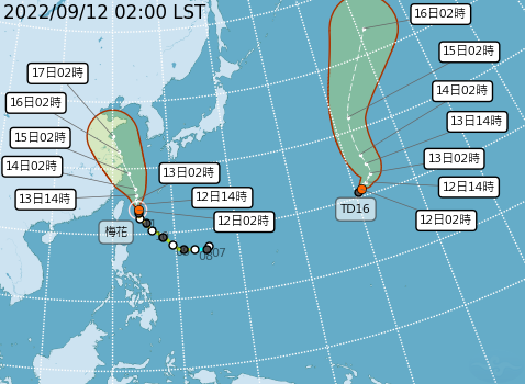 梅花颱風（左）清晨5時的中心位置，在台北的東南東方約300公里海面上，正以每小時7公里速度，向北進行；而日本附近再有熱帶性低氣壓形成。   圖：中央氣象局/提供