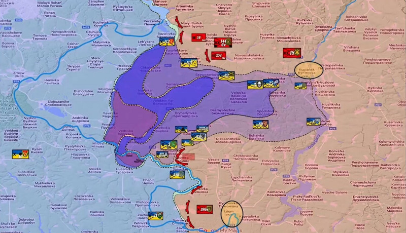 外國網友製作烏軍反擊攻勢圖，清楚看出俄軍防線遭長驅直入。   圖: 翻攝自推特 Euan MacDonald @Euan_MacDonald