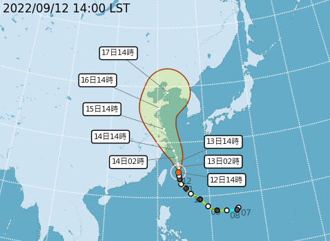 若依照目前路徑預測，明晚前後就有可能解除海上颱風警報。   圖：翻攝自中央氣象局官網