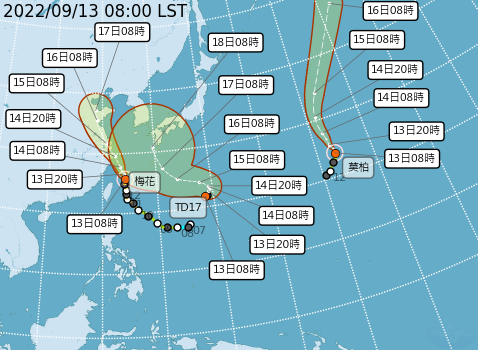 目前海面上有2個颱風，和1個熱帶低壓，該熱帶低壓預計在24小時內成形。   圖：取自中央氣象局網站