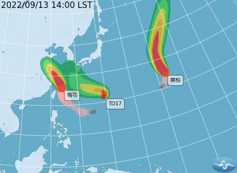 目前在太平洋海面上有2個颱風，1個熱帶性低氣壓。   圖：取自中央氣象局網站