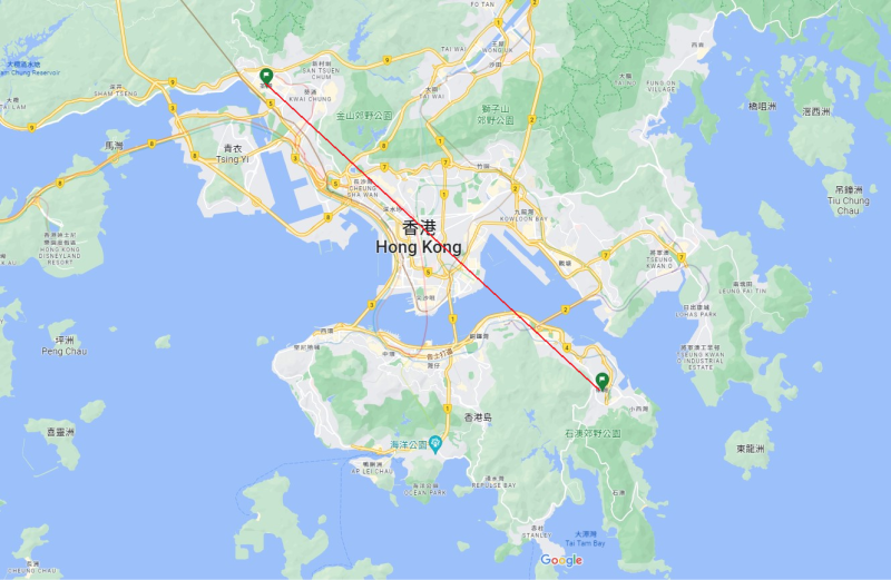 酪梨歐表示，她以前住在香港島上的「柴灣」，但上班的地方是遠在對面的「荃灣」，光看地圖就能感覺距離十分遙遠。   圖：翻攝自Google Map