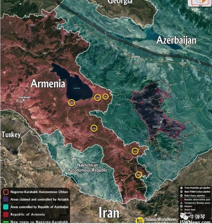 亞美尼亞、亞塞拜然邊界地理位置圖。   圖 : 翻攝自牛彈琴