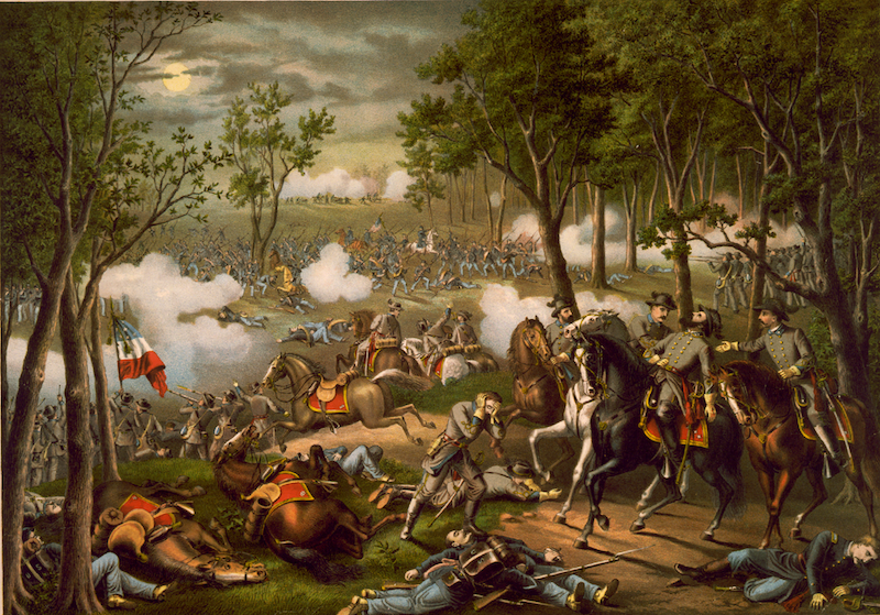 美國南北戰爭中的錢塞勒斯維戰役畫作（又稱錢斯勒斯維爾戰役）。   圖：取自維基百科Kurz and Allison（資料照）