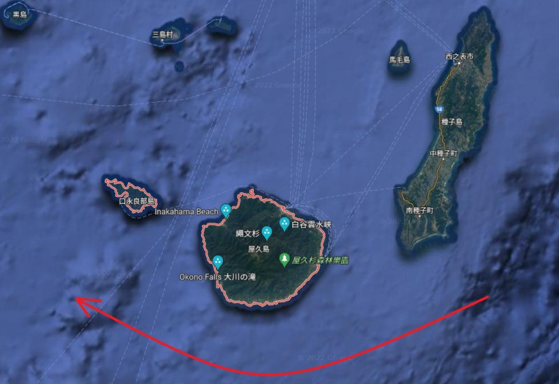 日媒NHK報導，中國海軍測量船駛進鹿兒島縣屋久島附近的「日本領海」，而且在領海內航行時間長達3.5小時。   圖：截取Google Map/新頭殼繪製示意圖