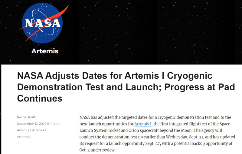 美國國家航空暨太空總署(NASA)(12)日官網公布，他們已修復氫氣洩漏問題，並預計可能最快在９月27日執行第三次「阿提米絲1號發射計畫」。   圖：擷取自NASA官網