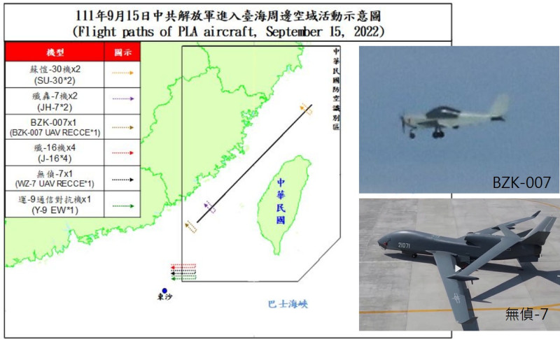 國防部公布台海周邊空域空情動態，解放軍11架次軍機逾越海峽中線及其延伸線進入西南空域，其中包括2架無人機，「無偵-7」為首次加入擾台行列。   圖：新頭殼合成/資料來源：國防部、日統合幕僚監部、陸網