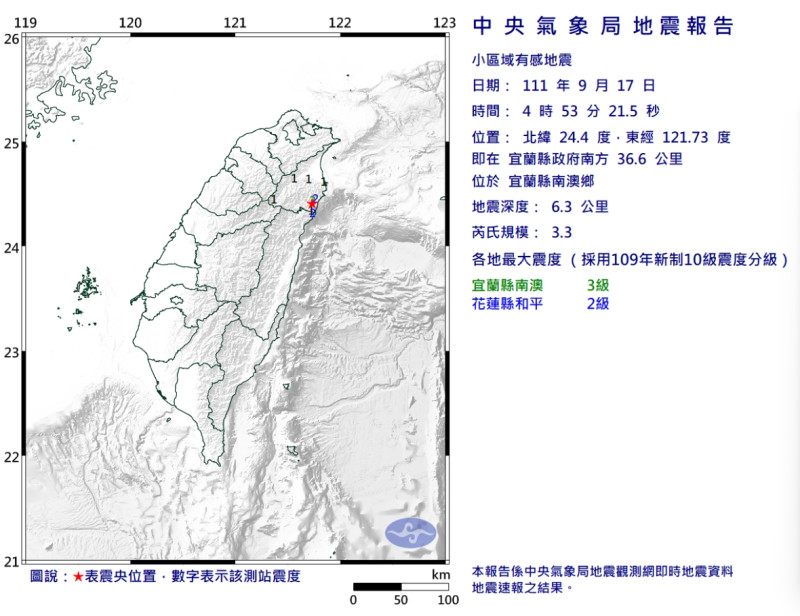 今天清晨4時53分發生芮氏規模3.3小區域有感地震。   圖/中央氣象局