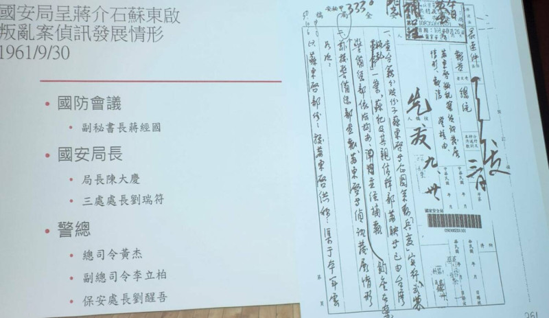 國安局呈給蔣介石有關蘇東啟案偵訊相關文件。   圖：國史館提供