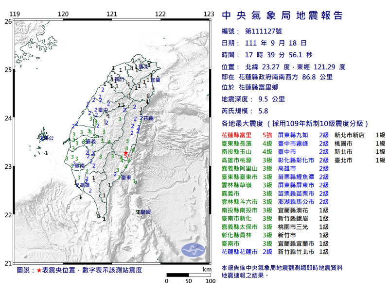 昨(18)日下午5時39分位於花蓮縣富里鄉也發生芮氏規模5.8的餘震。   圖：中央氣象局／提供