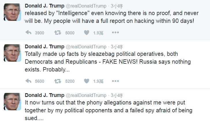 美國準總統川普13日再度透過推特連續發文，指控民主與共和兩黨的政敵拼湊他與俄羅斯做聯結但未經證實的情報。   圖：翻攝川普推特