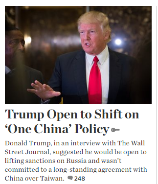 美國總統當選人川普接受「華爾街日報」專訪指出，在看到中國改善貨幣操縱及貿易作法前，他不會恪遵長期以來美國對「一個中國」政策的承諾。

   圖：翻攝華爾街日報網站
