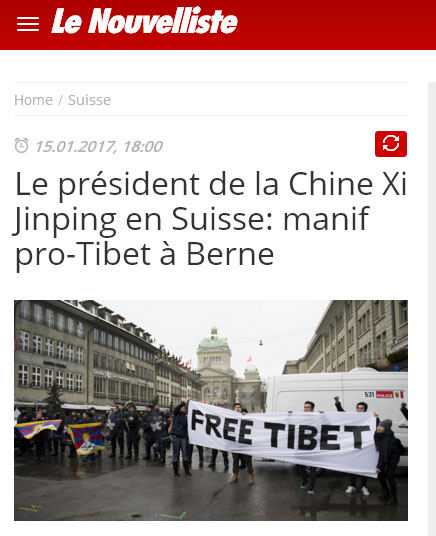 瑞士媒體報導，在中國習近平造訪之際，400名支持西藏民眾前往抗議，要求解放西藏。   圖：翻攝Le Nouvelliste