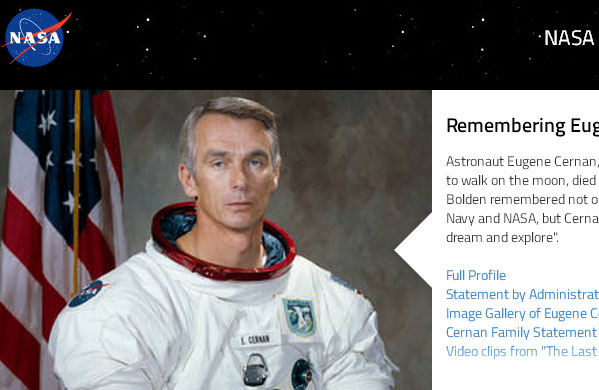 美國最後1位登月的太空人、阿波羅17號的指揮官塞南辭世，他的太空任務成果豐碩。   圖：翻攝NASA官網