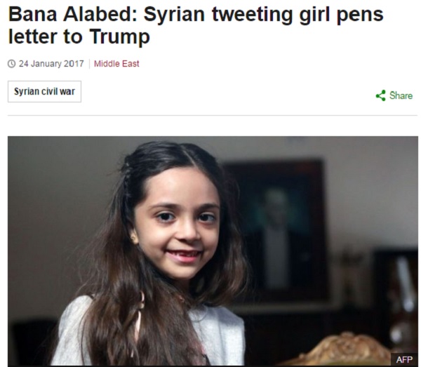 敘利亞7歲女童阿拉貝近日寫了1封公開信給新任美國總統川普，請他拯救敘利亞兒童，讓他們也能有安穩的生活。
   圖：翻攝BBC