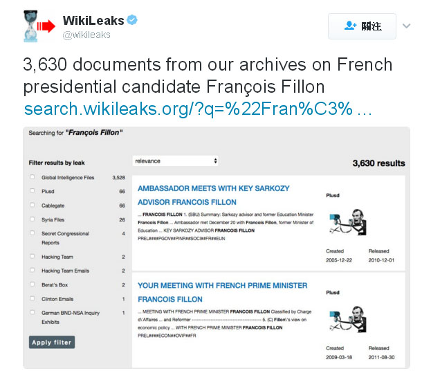 「維基揭密」將爭取法國總統寶座的前總理費雍的3630份檔案公諸於網路，有意影響他的選情。   圖：翻攝維基揭密推特