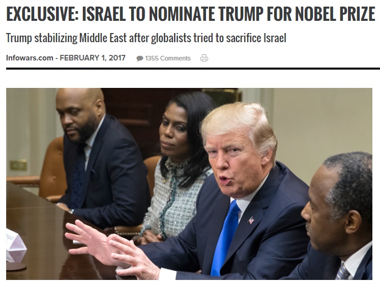 根據美國保守派網站InfoWars報導，以色列提名美國總統川普角逐今年的諾貝爾和平獎。   圖：翻攝InfoWars網站