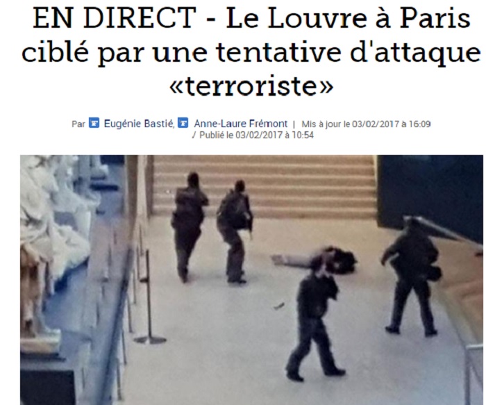 一名男子3日上午持刀攻擊在巴黎羅浮宮巡邏中的軍人，迅速被開槍擊傷制伏在地。   圖：翻攝《費加洛報》