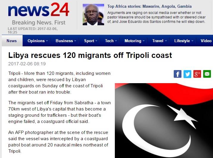 北非利比亞海岸警衛隊6日在的黎波里（Tripoli）海岸救起120餘名非法移民。   圖：翻攝news24網站