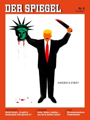圖為德國《明鏡周刊》之前出版的封面，1個無臉男，拿著血刀斬首自由女神像頭的畫面，無臉男讓人一眼就聯想到美國總統川普。   圖：翻攝《明鏡周刊》