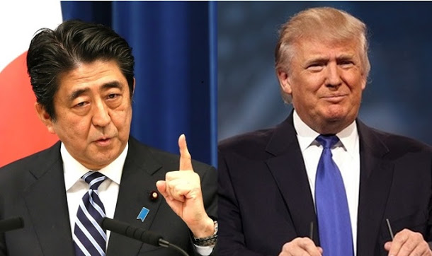 美國總統川普（右圖）與日本首相安倍晉三高峰會，將共處近2天的時間，是少見的禮遇厚待。   圖：新頭殼合成照（美聯社、川普網站）