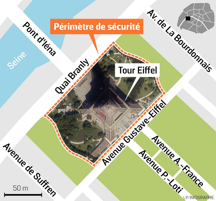 為加強法國巴黎艾菲爾鐵塔維安，營運單位規劃在今年秋天於鐵塔周邊豎起防彈玻璃牆(紅線部分)。   圖：翻攝Le Parisien網站