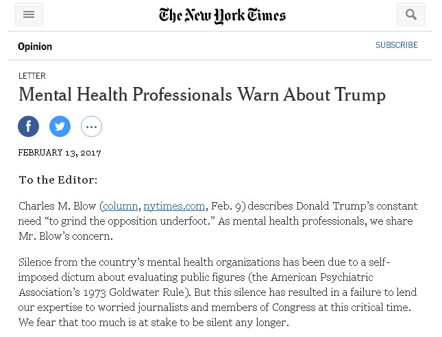 美國精神科醫生與專家簽署公開信給《紐約時報》編輯，警告川普的精神健康。   圖：翻攝《紐約時報》