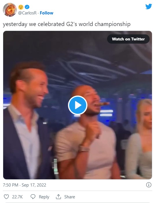 Carlos在推特發文「慶祝G2的世界冠軍」並上傳和朋友聚會影片，而知名仇女網紅Andrew Tate也參與其中，引來許多質疑聲浪。   圖：翻攝自Carlos Twitter