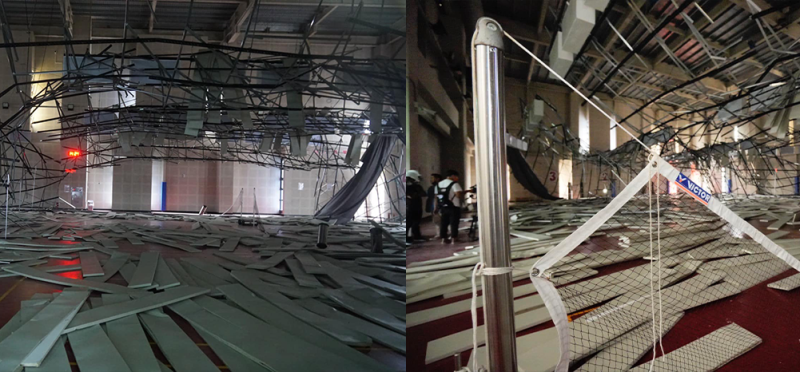 近日地震頻繁，桃園某運動中心才剛整修完，天花板又受影響坍塌。   圖：翻攝自賴香伶FB