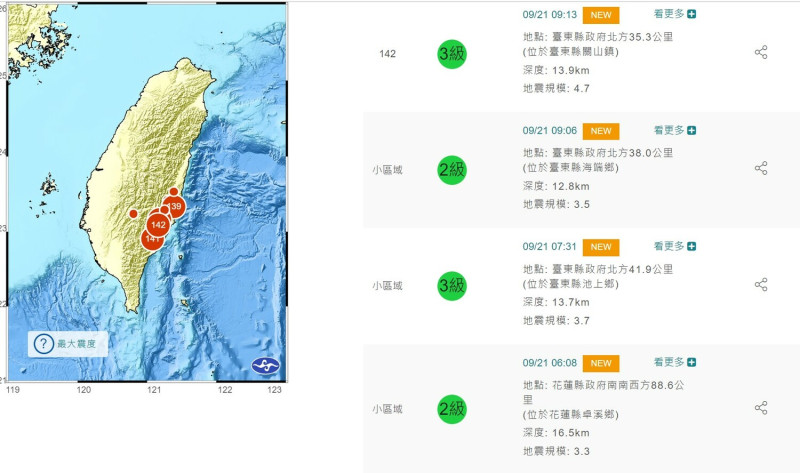 今日已經發生了7起餘震。   圖：取自中央氣象局網站