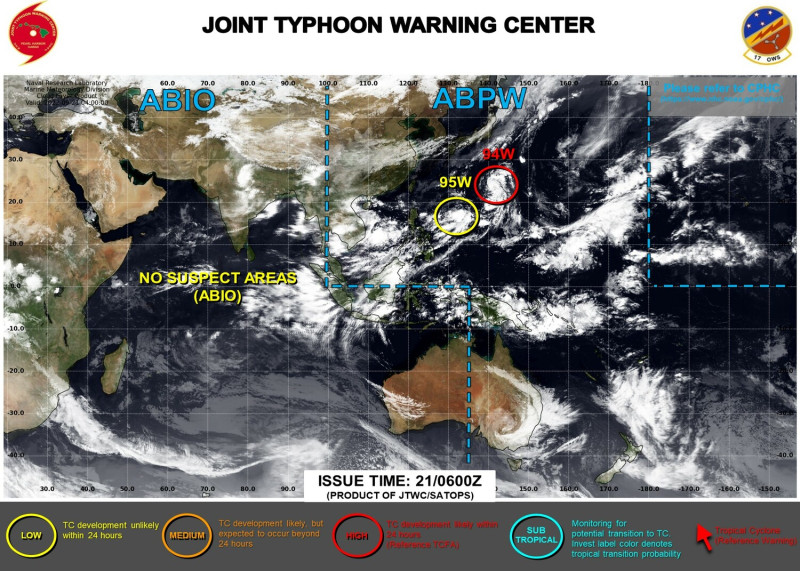 目前在太平洋上有2個熱帶系統94W和95W。   圖：取自JTWC網站