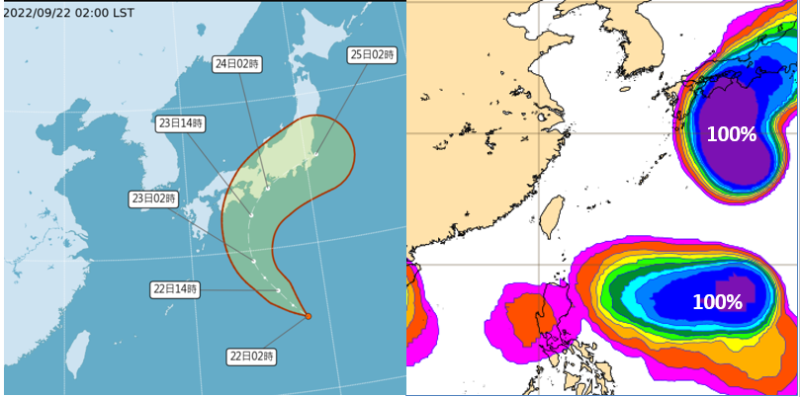 22日2時中央氣象局「路徑潛勢預測圖」顯示，日本南方海面的「熱帶低壓」將發展成「輕颱塔拉斯」，掠過日本本州南部。   圖：翻攝自老大洩天機專欄