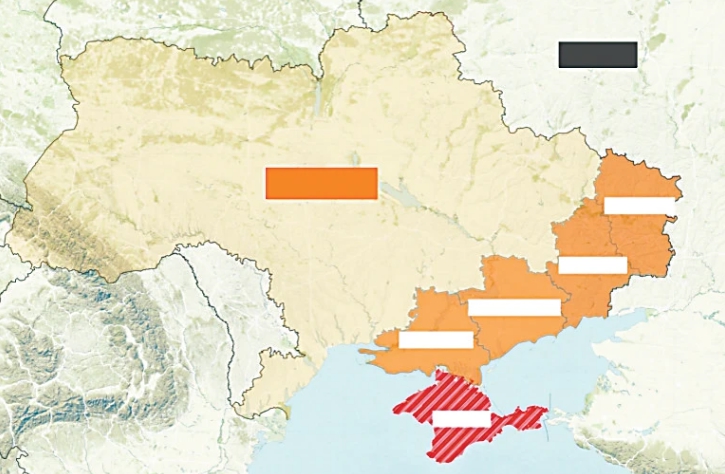 烏克蘭盧甘斯克、頓涅茨克、扎波羅熱、赫爾松四地(右下角黃色區塊)的「入俄公投」將於當地時間 23 日至 27 日舉行。   圖 : 翻攝自環球網