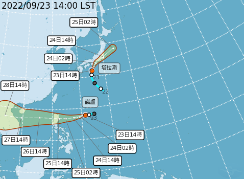 目前海面上有2個颱風，分別為「塔拉斯」和「諾盧」。   圖：取自中央氣象局網站
