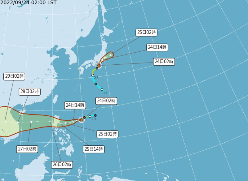 第15號颱風「塔拉斯」持續朝日本移動，即將變性為溫帶氣旋；第16號颱風「諾魯」持續以偏西的方向朝呂宋島移動，之後將進入南海再往中南半島前進，對台灣無直接影響。   圖/中央氣象局
