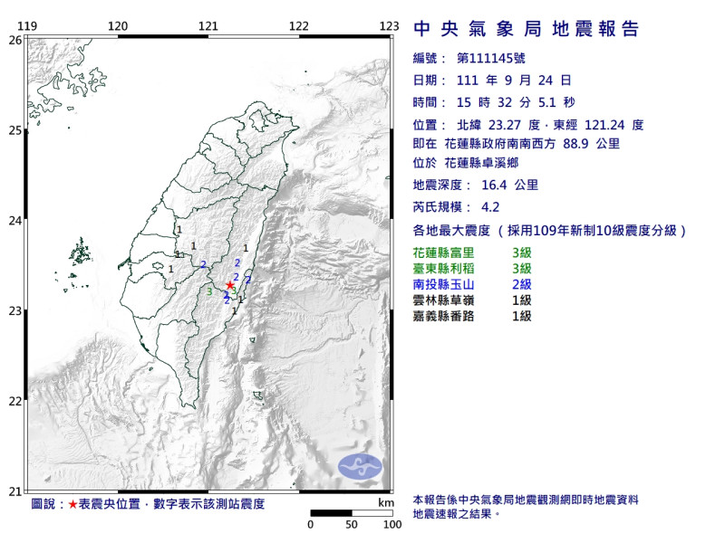 今日15:32花蓮發生規模4.2的地震。   圖：中央氣象局／提供