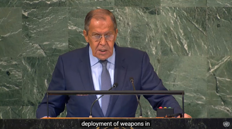 俄羅斯外交部長拉夫羅夫（Sergei Lavrov）在聯合國大會演講中說：「西方官方對俄羅斯的恐懼前所未見，其規模讓人嘖嘖稱奇。」   圖/截取自United Nations - LIVE影片