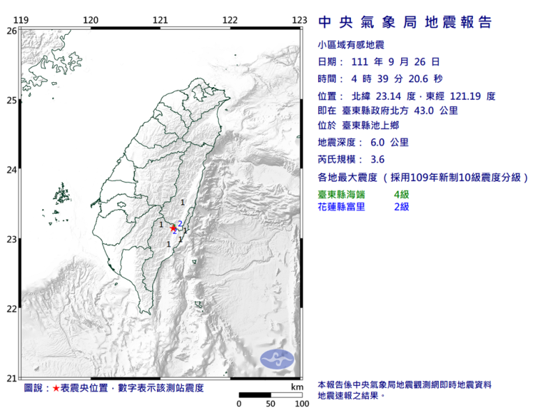 今清晨04時39分，台東縣池上鄉發生規模3.6地震。   圖：翻攝自中央氣象局