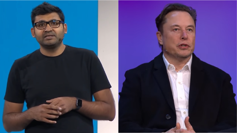 傳出推特執行長阿格拉瓦爾(左)與馬斯克(右)兩人都要求延遲這次的會議，此舉引發外界猜測，他們可能正在尋求庭外和解。   圖：翻攝自Google Cloud YouTube、《TED》採訪影片（資料照）