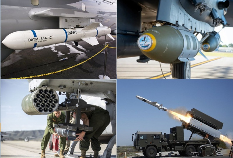 美軍飛彈左上：AGM-84「魚叉」反艦導彈；右上：GBU-31/B聯合直接攻擊彈藥；左下：AGM-179聯合空地飛彈；右下：NSM海軍打擊飛彈。   圖：DVIDS網站/新頭殼合成