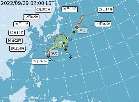 輕颱「洛克」朝日本南方海面前進，不過動向的「不確定性」擴大，但對台無影響。   圖：翻攝自中央氣象局