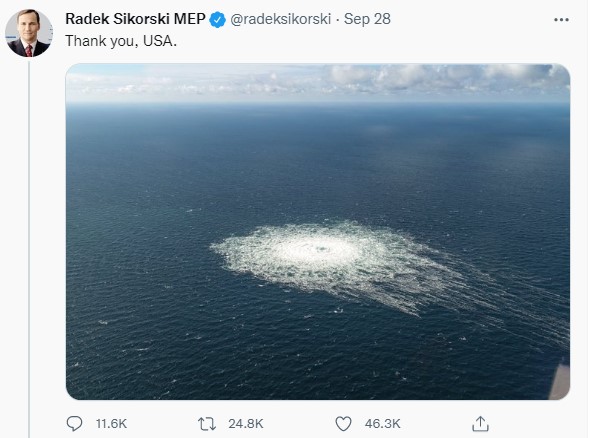 歐洲議會議員(曾任波蘭前國防長、前副外長)西科斯基（Radoslav Sikorsky），28日在推特 PO 出一張管道洩露的照片，配上文字「謝謝你，美國」，直指美國是破壞天然氣運輸的兇手。   圖:翻攝自推特
